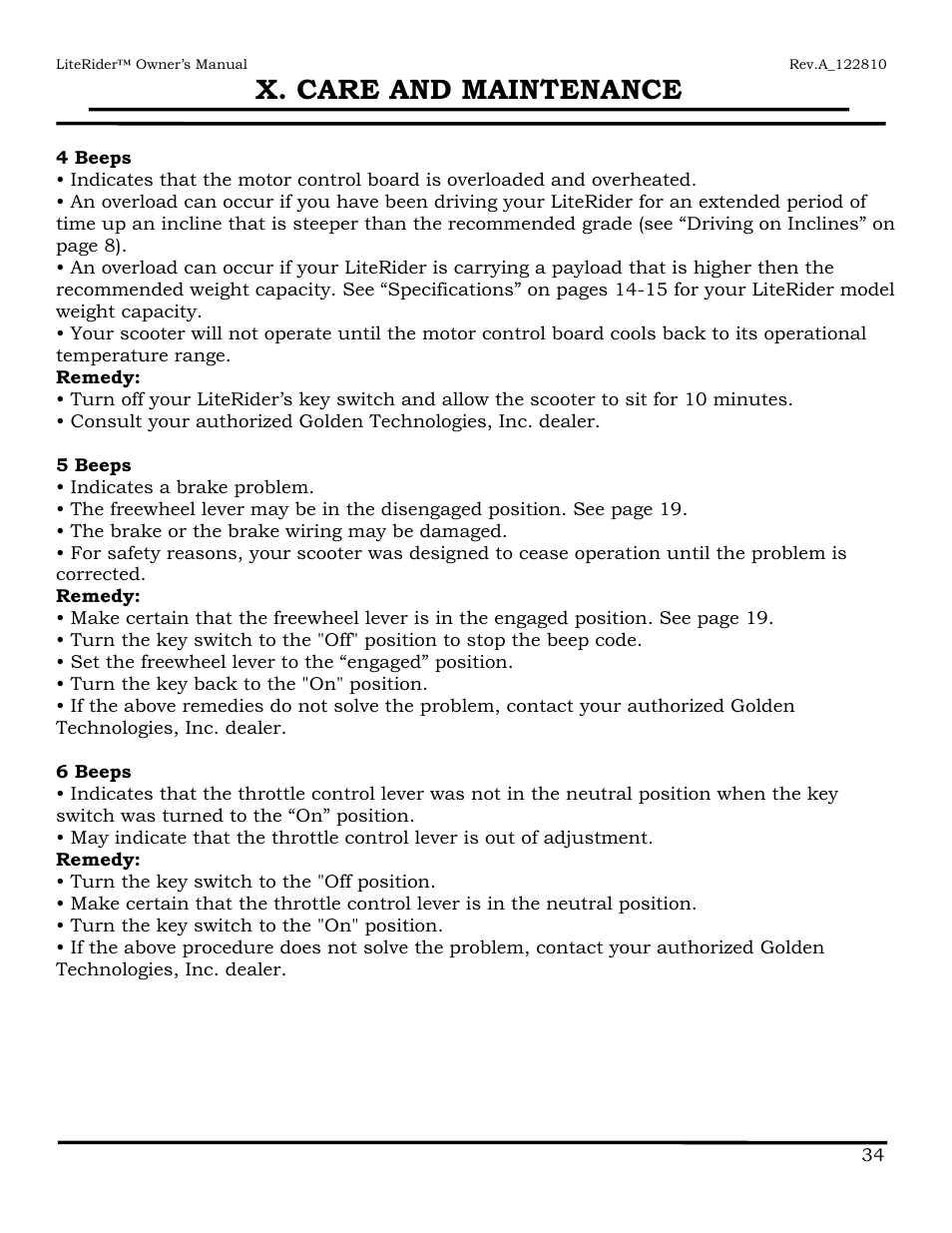 X. care and maintenance | Golden Technologies GL140 User Manual | Page 35 / 43