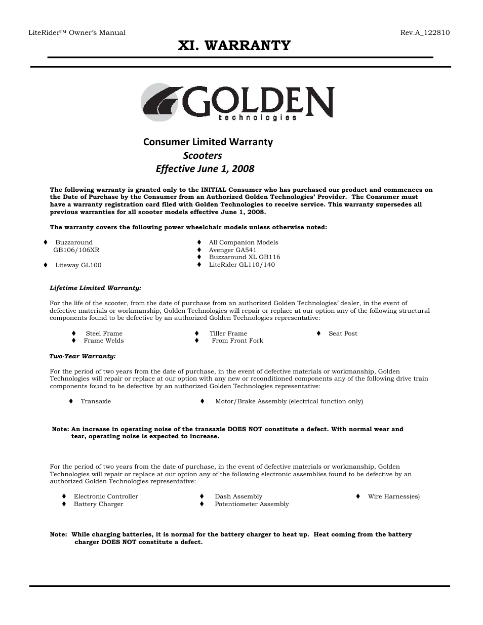 Xi. warranty | Golden Technologies GL140 User Manual | Page 37 / 43
