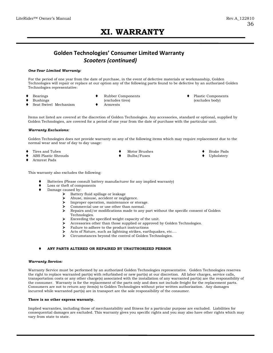 Xi. warranty | Golden Technologies GL140 User Manual | Page 38 / 43