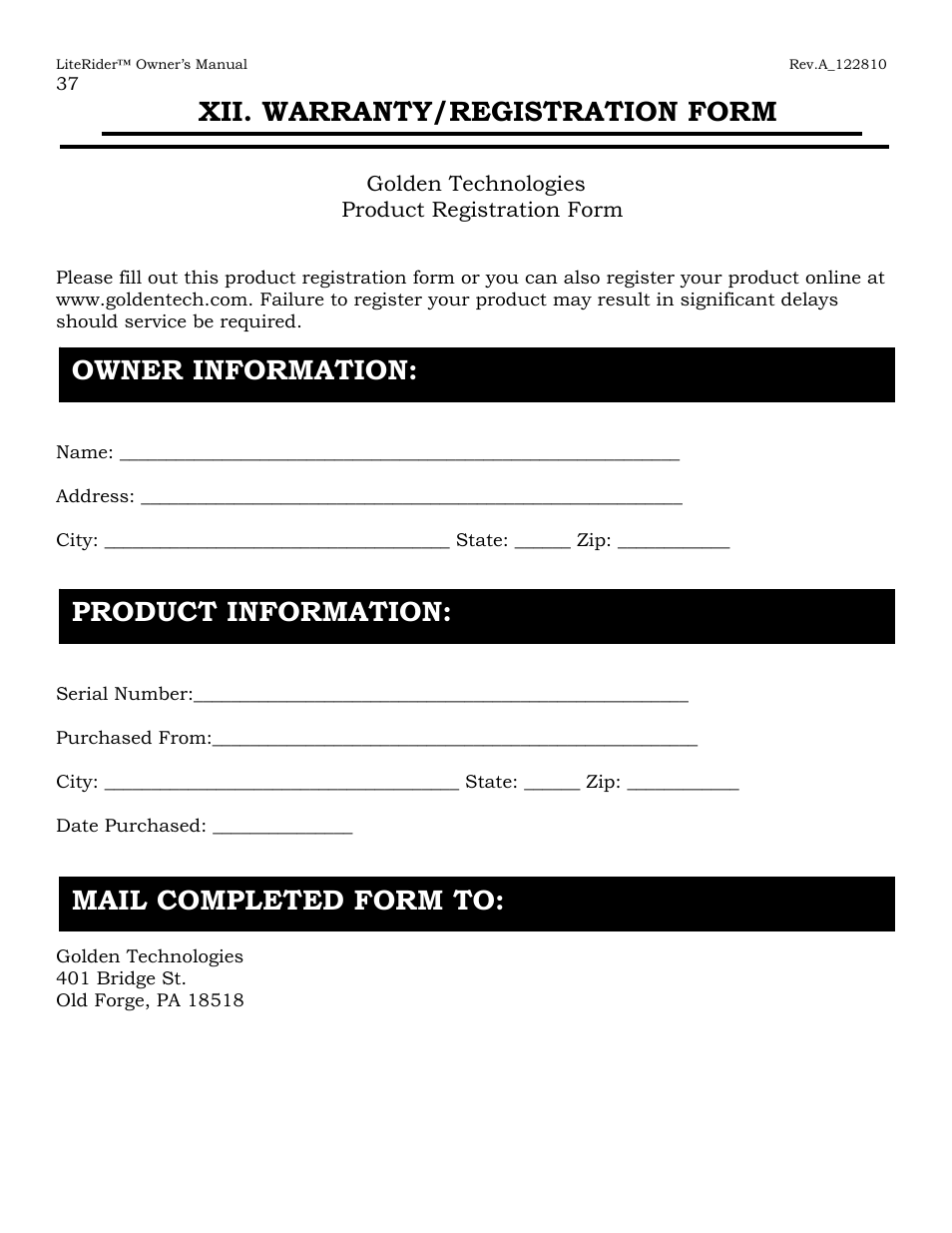 Xii. warranty/registration form | Golden Technologies GL140 User Manual | Page 39 / 43
