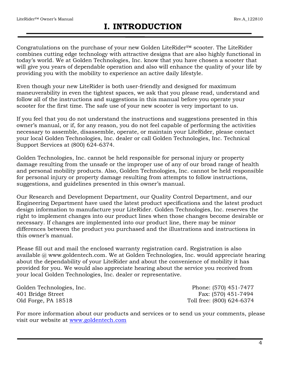 I. introduction | Golden Technologies GL140 User Manual | Page 5 / 43