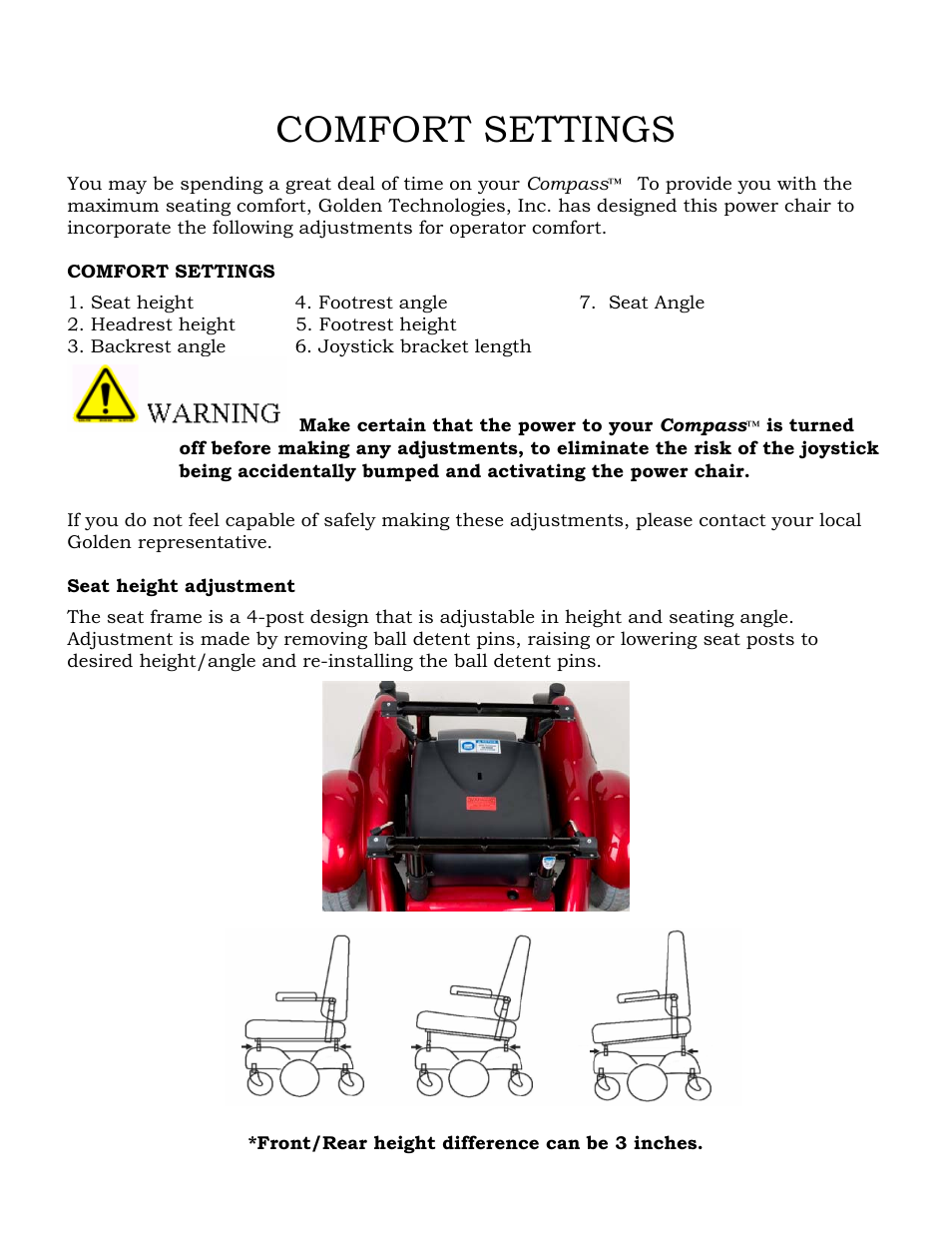 Comfort settings | Golden Technologies Compass GP601 CC User Manual | Page 16 / 34