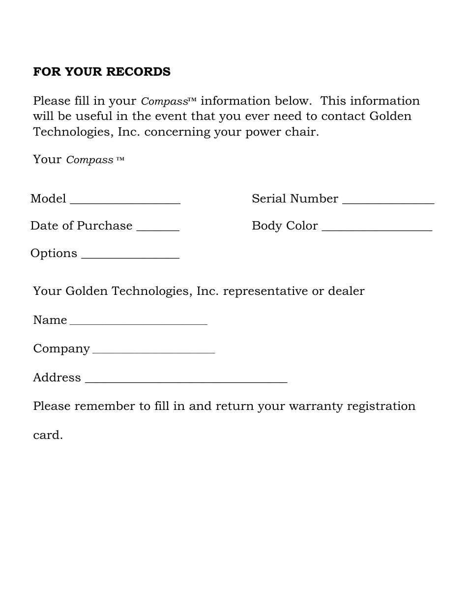 For your records please fill in your, Company | Golden Technologies Compass GP601 CC User Manual | Page 2 / 34