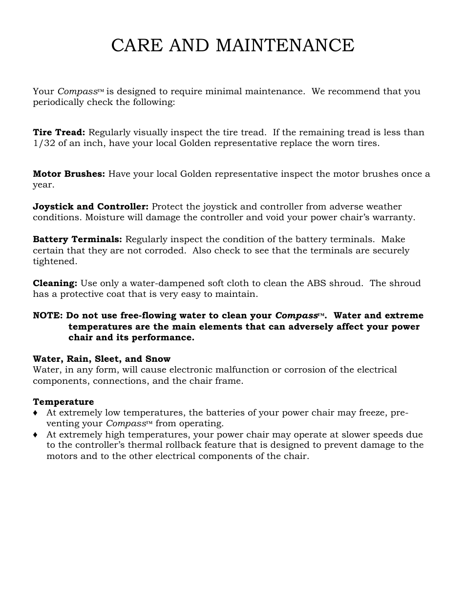 Care and maintenance | Golden Technologies Compass GP601 CC User Manual | Page 30 / 34