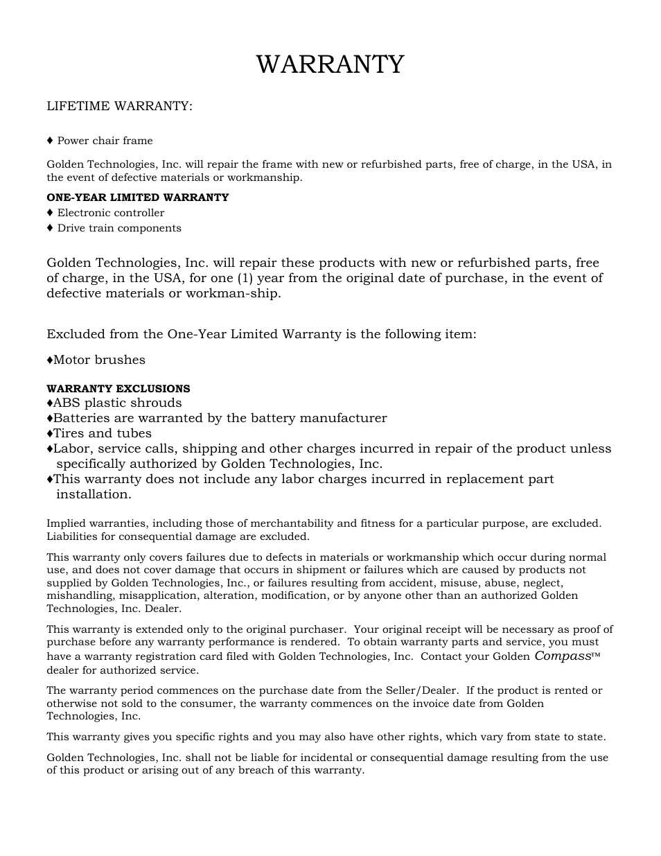 Warranty | Golden Technologies Compass GP601 CC User Manual | Page 32 / 34