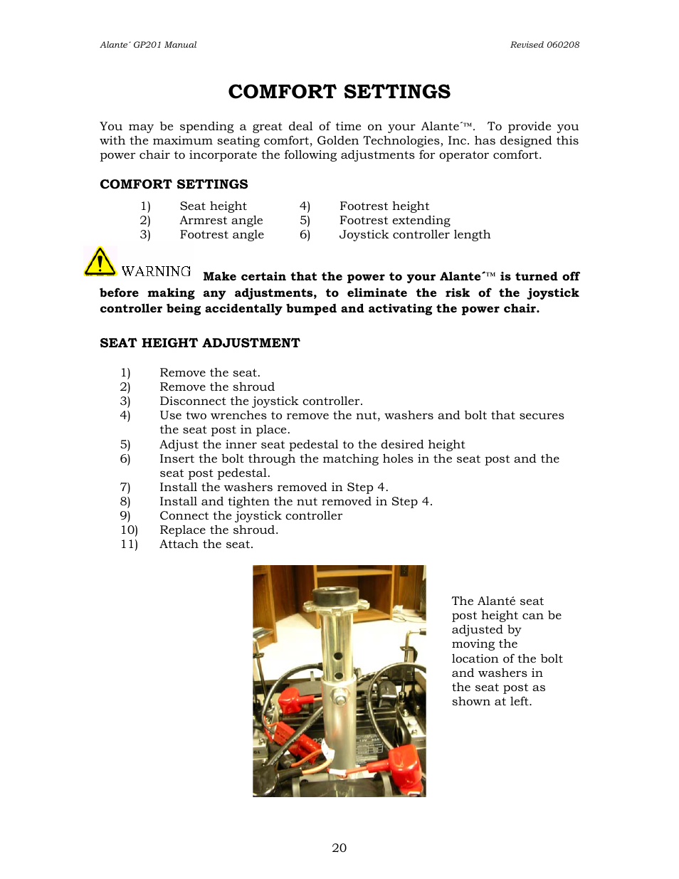 Comfort settings | Golden Technologies ALANTE GP201SS User Manual | Page 20 / 40