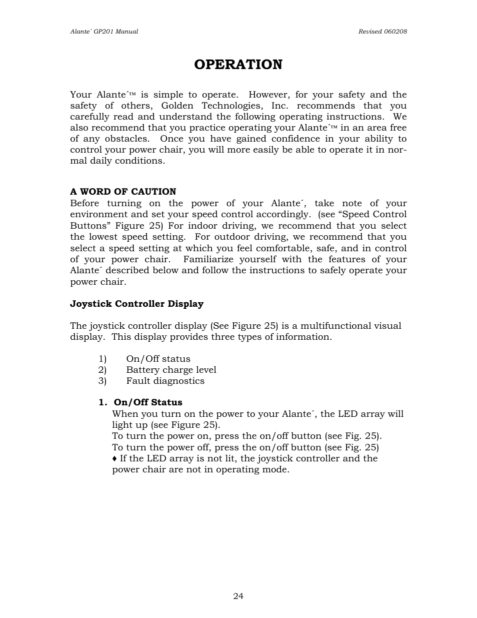 Operation | Golden Technologies ALANTE GP201SS User Manual | Page 24 / 40