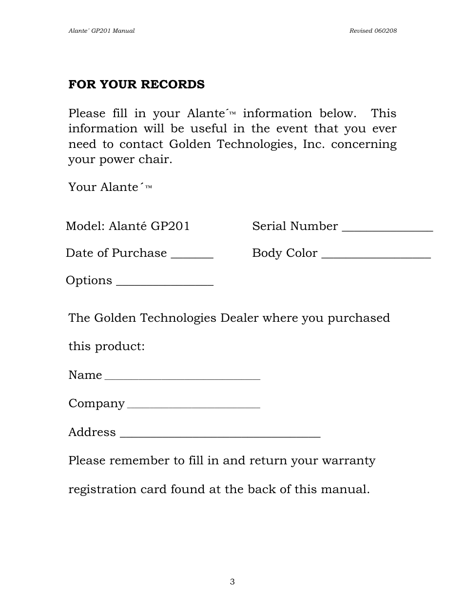 For your records please fill in your alante, Company | Golden Technologies ALANTE GP201SS User Manual | Page 3 / 40