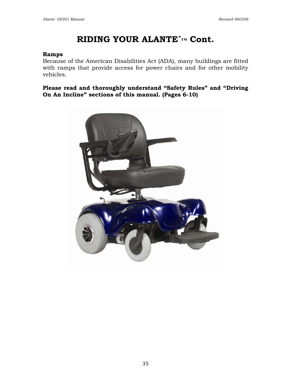 Riding your alante, Cont | Golden Technologies ALANTE GP201SS User Manual | Page 35 / 40