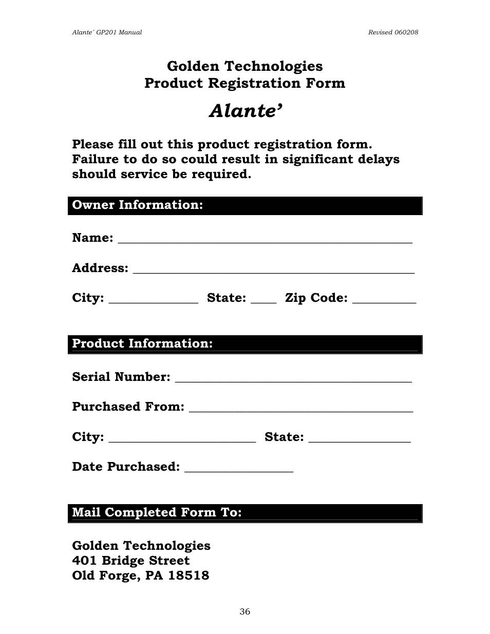 Alante, Golden technologies product registration form | Golden Technologies ALANTE GP201SS User Manual | Page 38 / 40