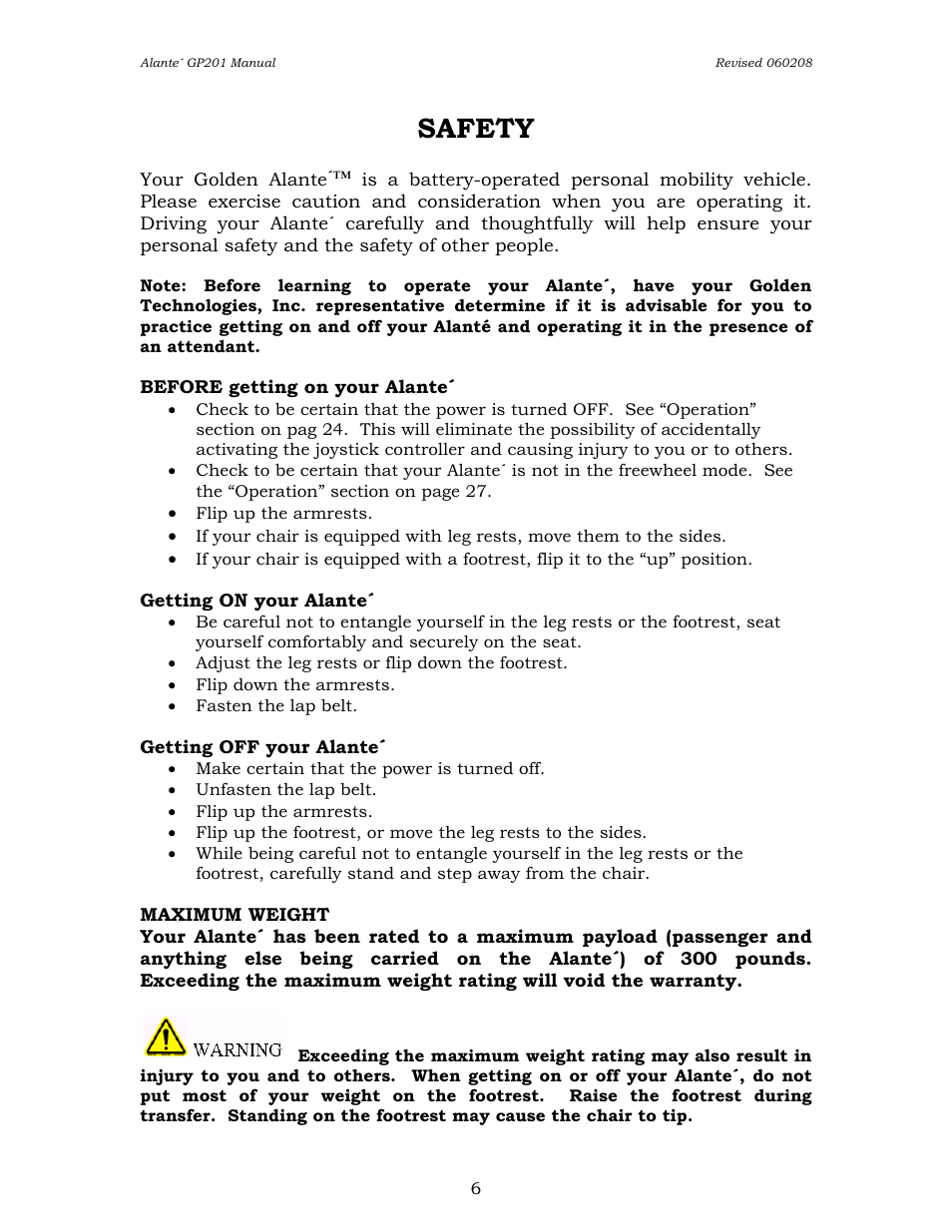 Safety | Golden Technologies ALANTE GP201SS User Manual | Page 6 / 40