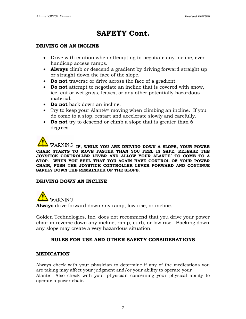 Safety cont | Golden Technologies ALANTE GP201SS User Manual | Page 7 / 40