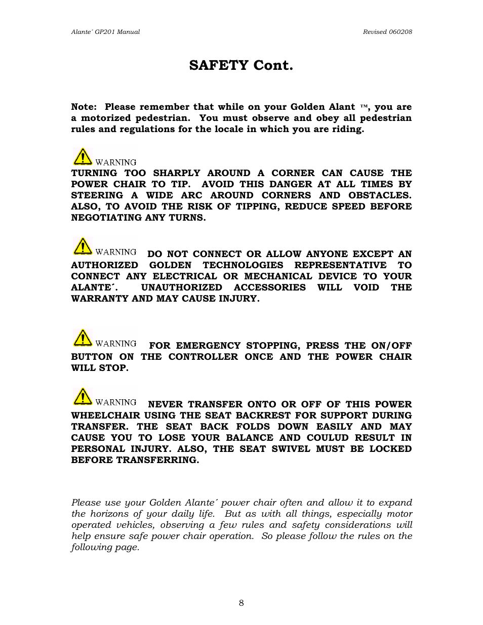 Safety cont | Golden Technologies ALANTE GP201SS User Manual | Page 8 / 40