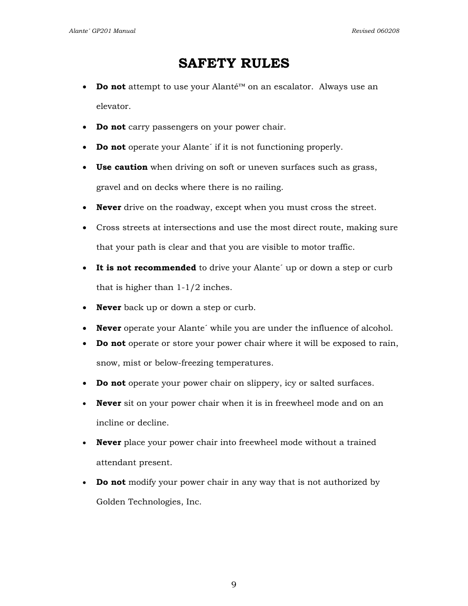 Safety rules | Golden Technologies ALANTE GP201SS User Manual | Page 9 / 40