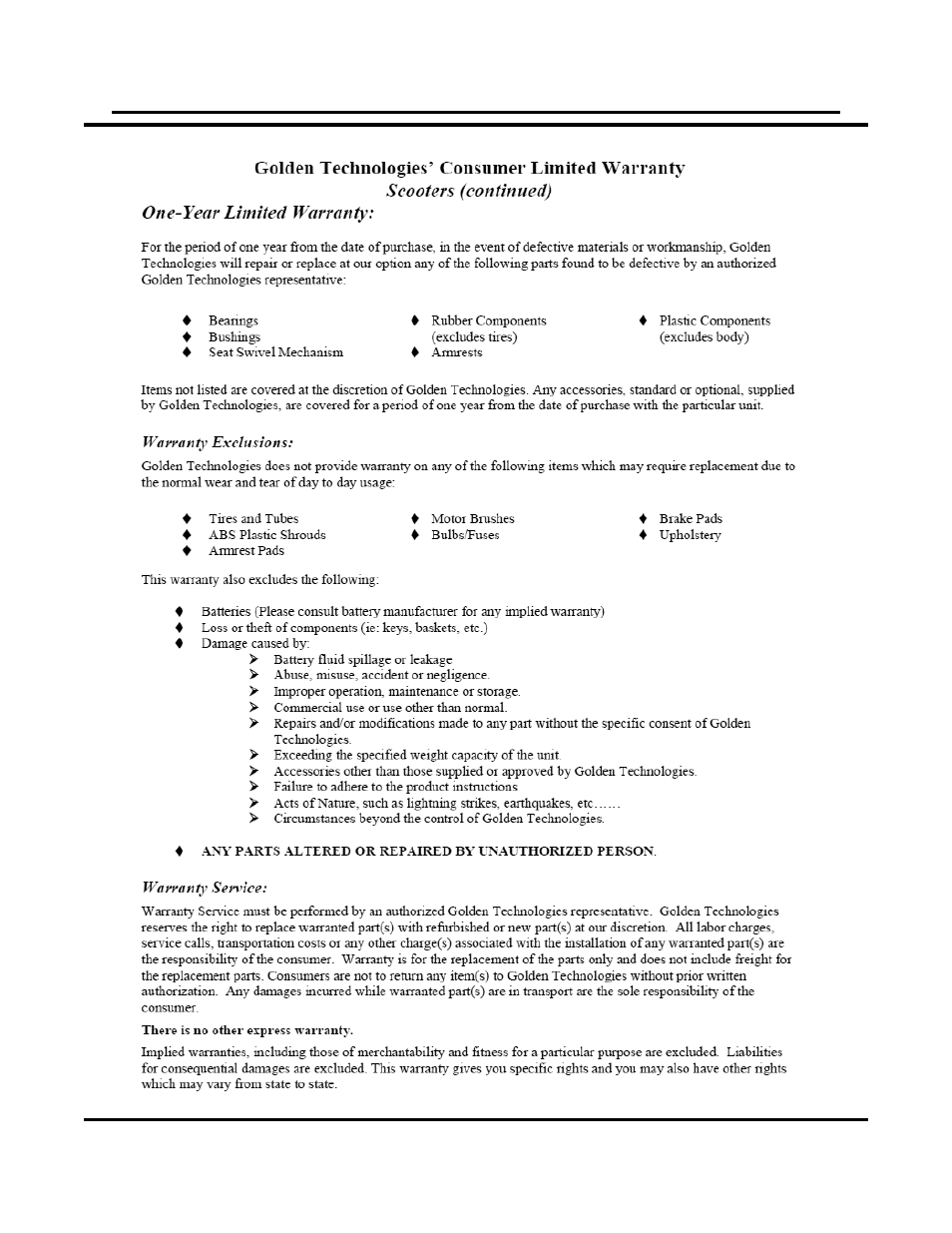 Xi. warranty | Golden Technologies GC440 User Manual | Page 34 / 37