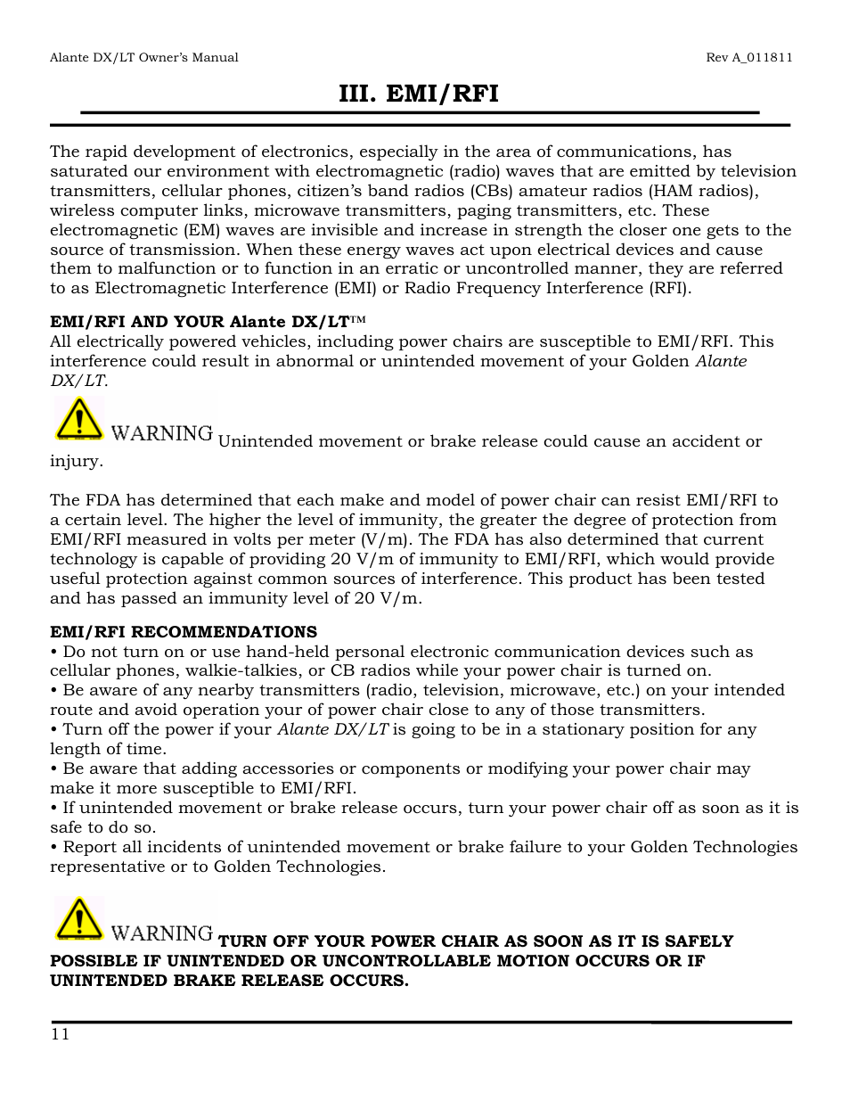 Iii. emi/rfi | Golden Technologies GP215 User Manual | Page 12 / 46