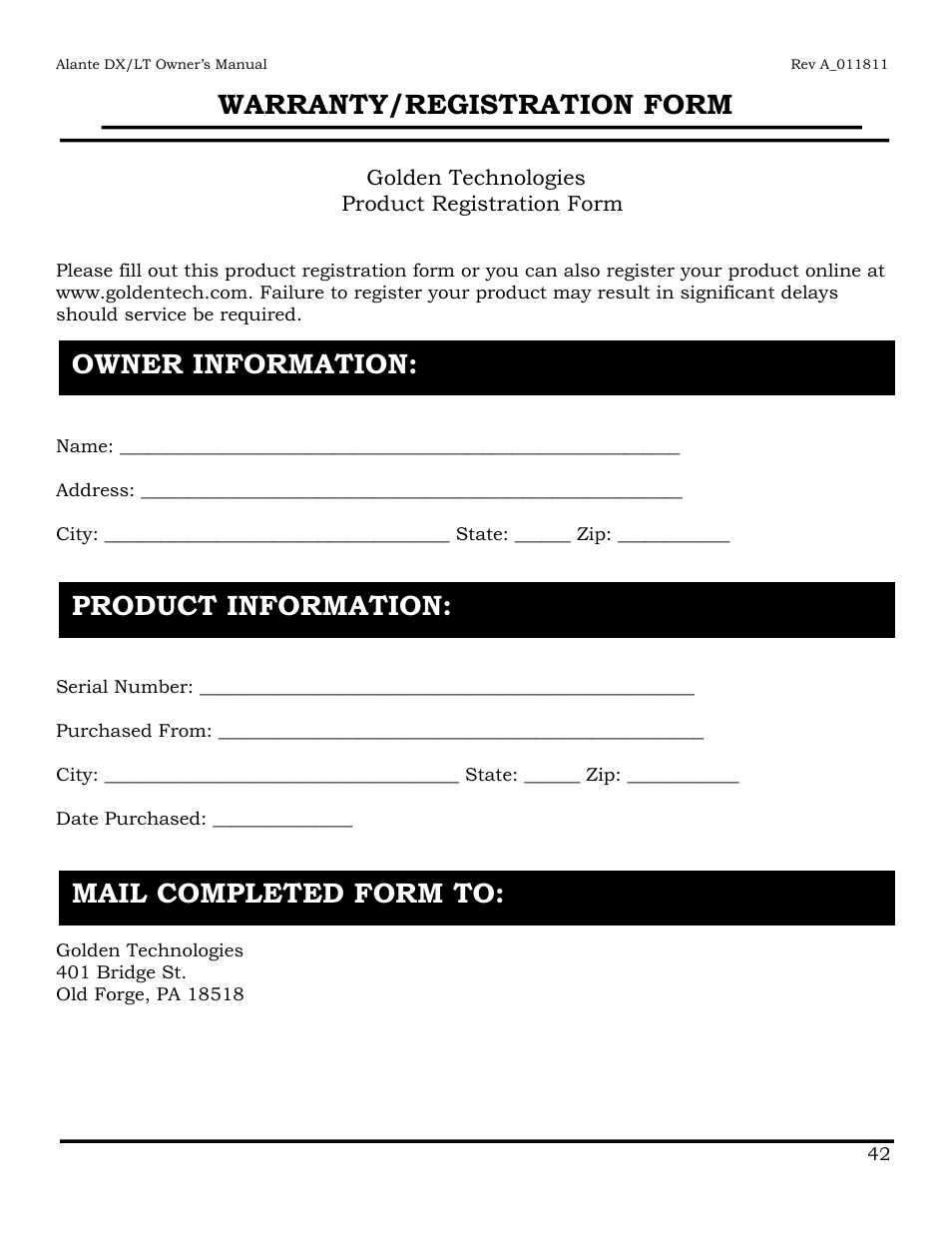 Warrant, Y/registration form | Golden Technologies GP215 User Manual | Page 43 / 46