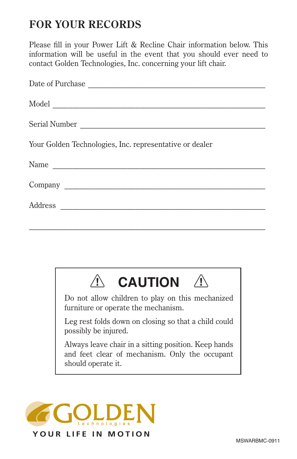 Caution, For your records | Golden Technologies Power Lift User Manual | Page 12 / 12