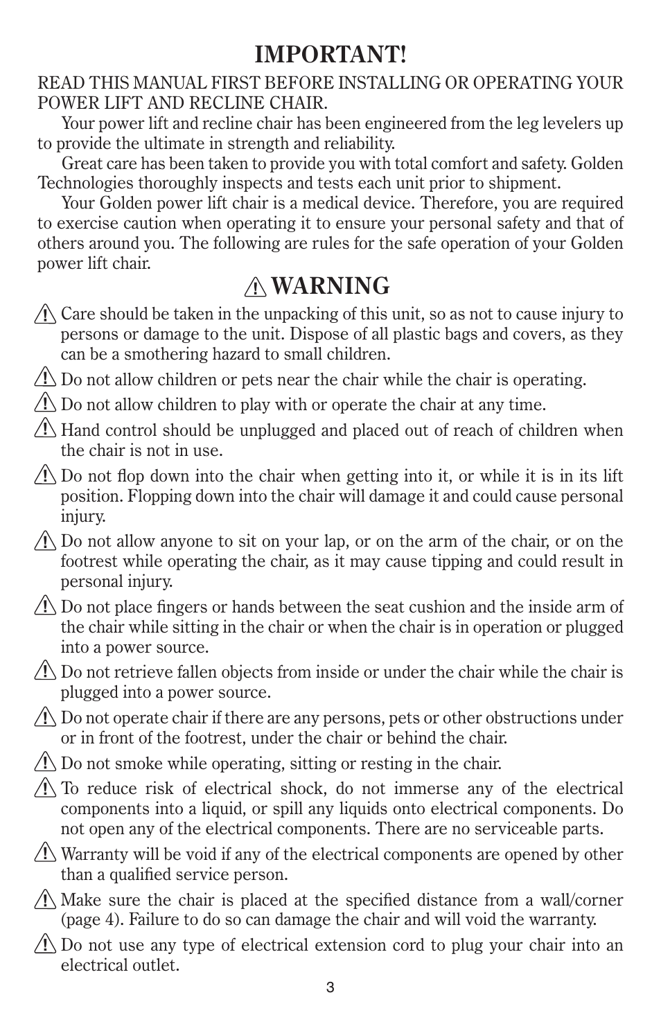 Important, Warning | Golden Technologies Power Lift User Manual | Page 3 / 12
