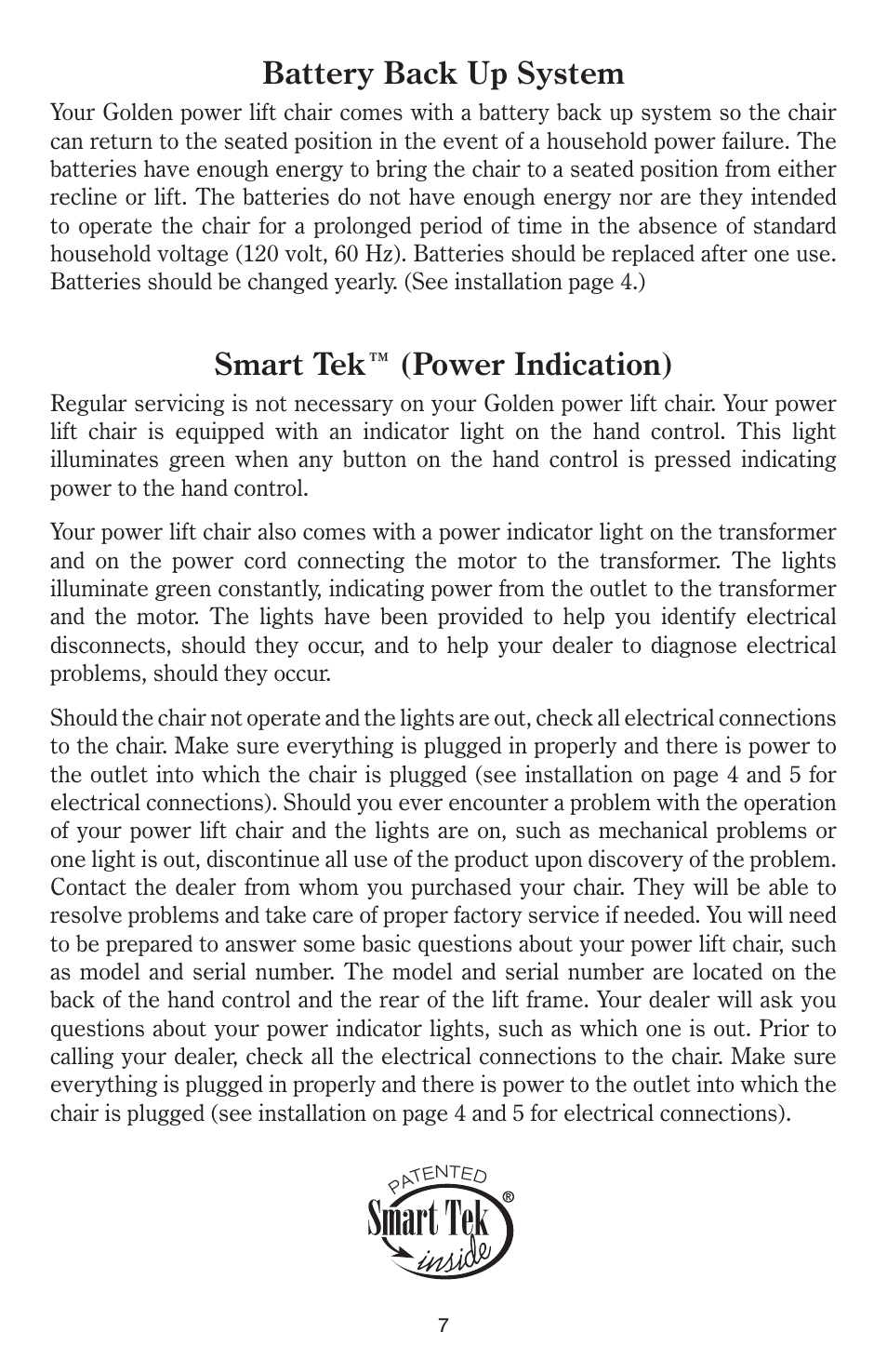 Battery back up system, Smart tek™ (power indication) | Golden Technologies Power Lift User Manual | Page 7 / 12