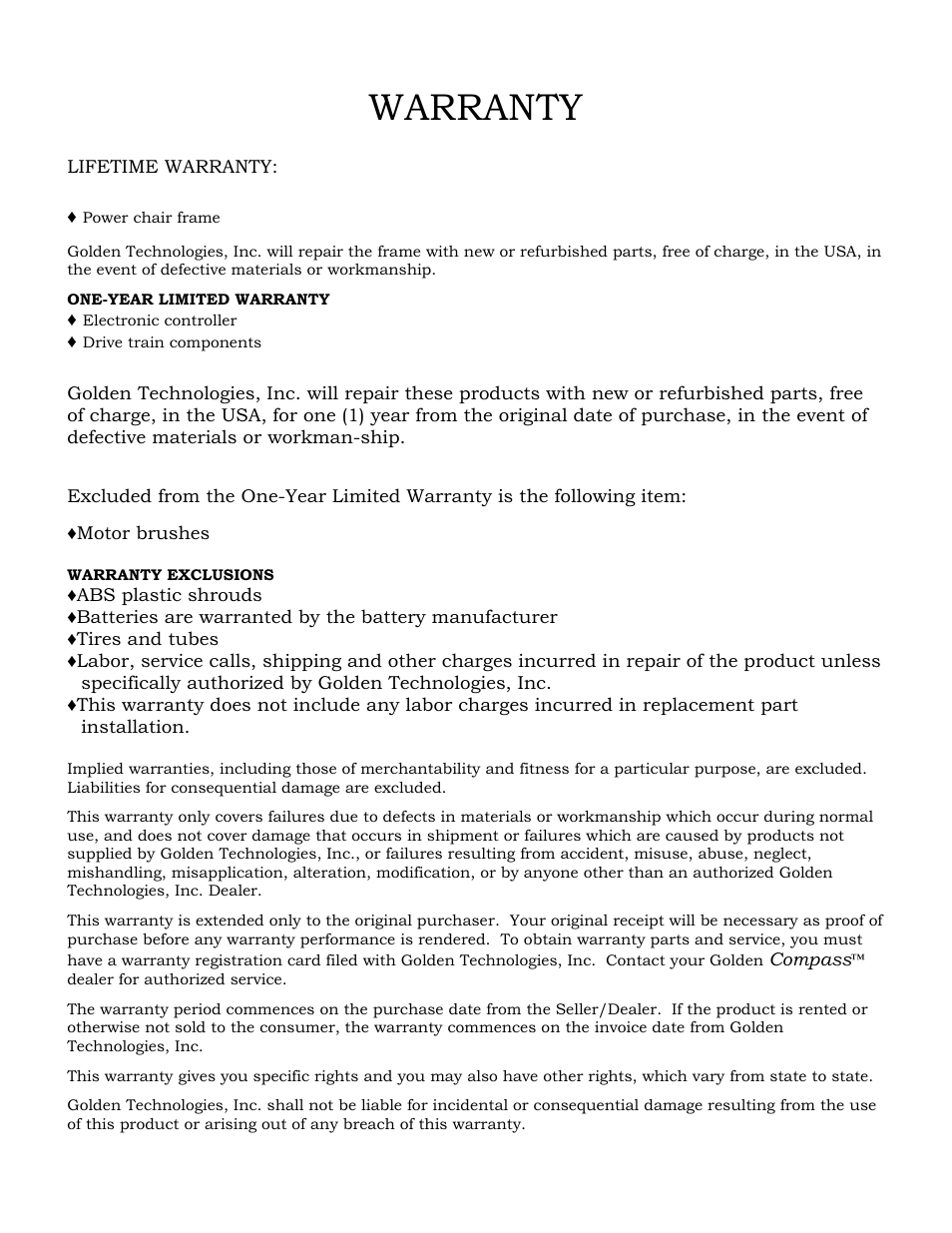 Warranty | Golden Technologies GP601 User Manual | Page 30 / 32