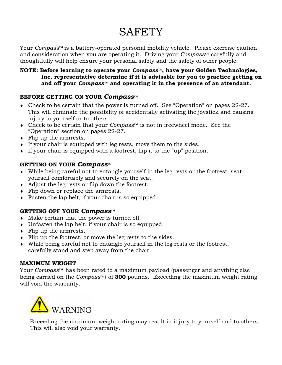 Safety, Compass | Golden Technologies GP601 User Manual | Page 5 / 32