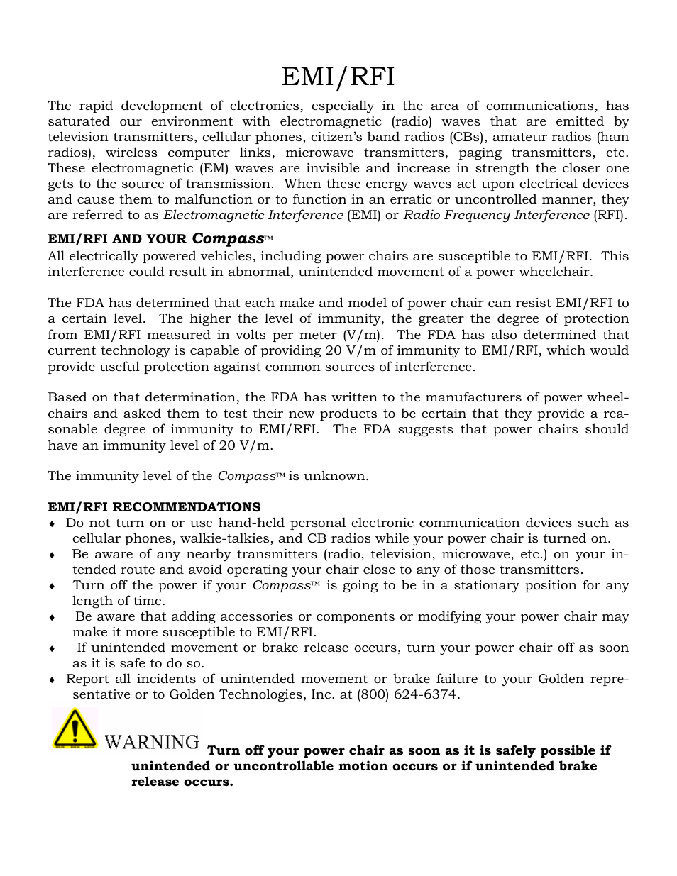 Emi/rfi, Compass | Golden Technologies GP601 User Manual | Page 8 / 32