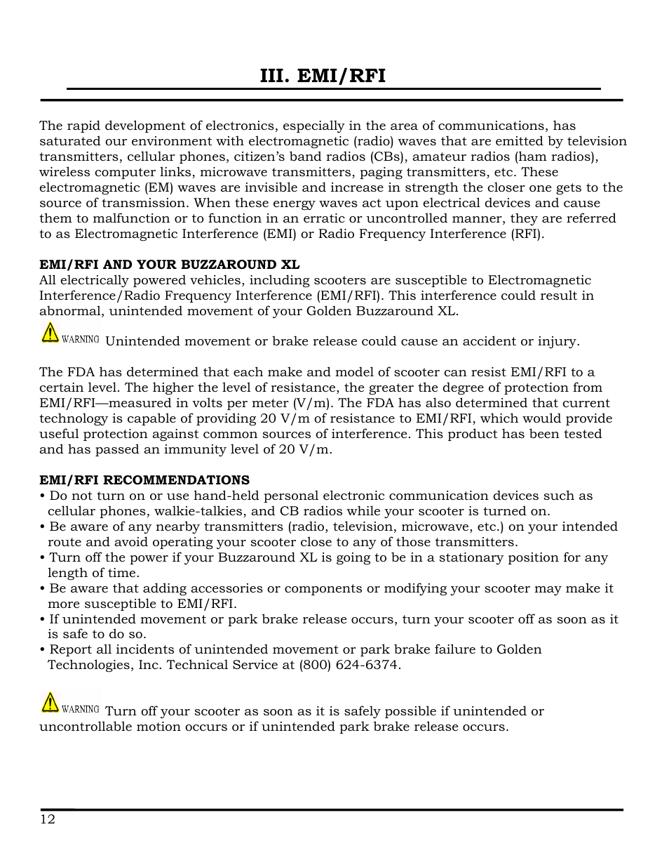 Iii. emi/rfi | Golden Technologies GB116 User Manual | Page 13 / 44