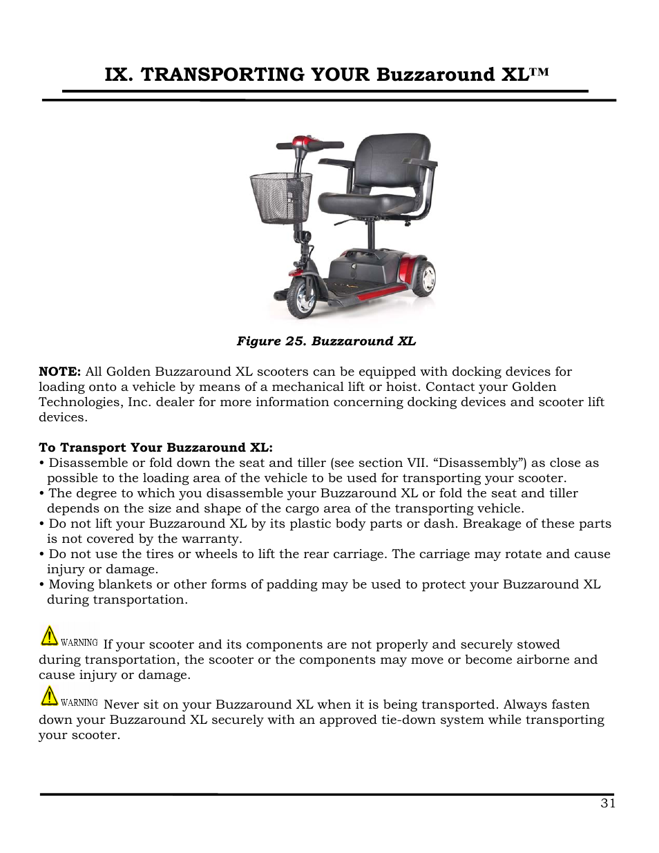 Ix. transporting your buzzaround xl | Golden Technologies GB116 User Manual | Page 32 / 44