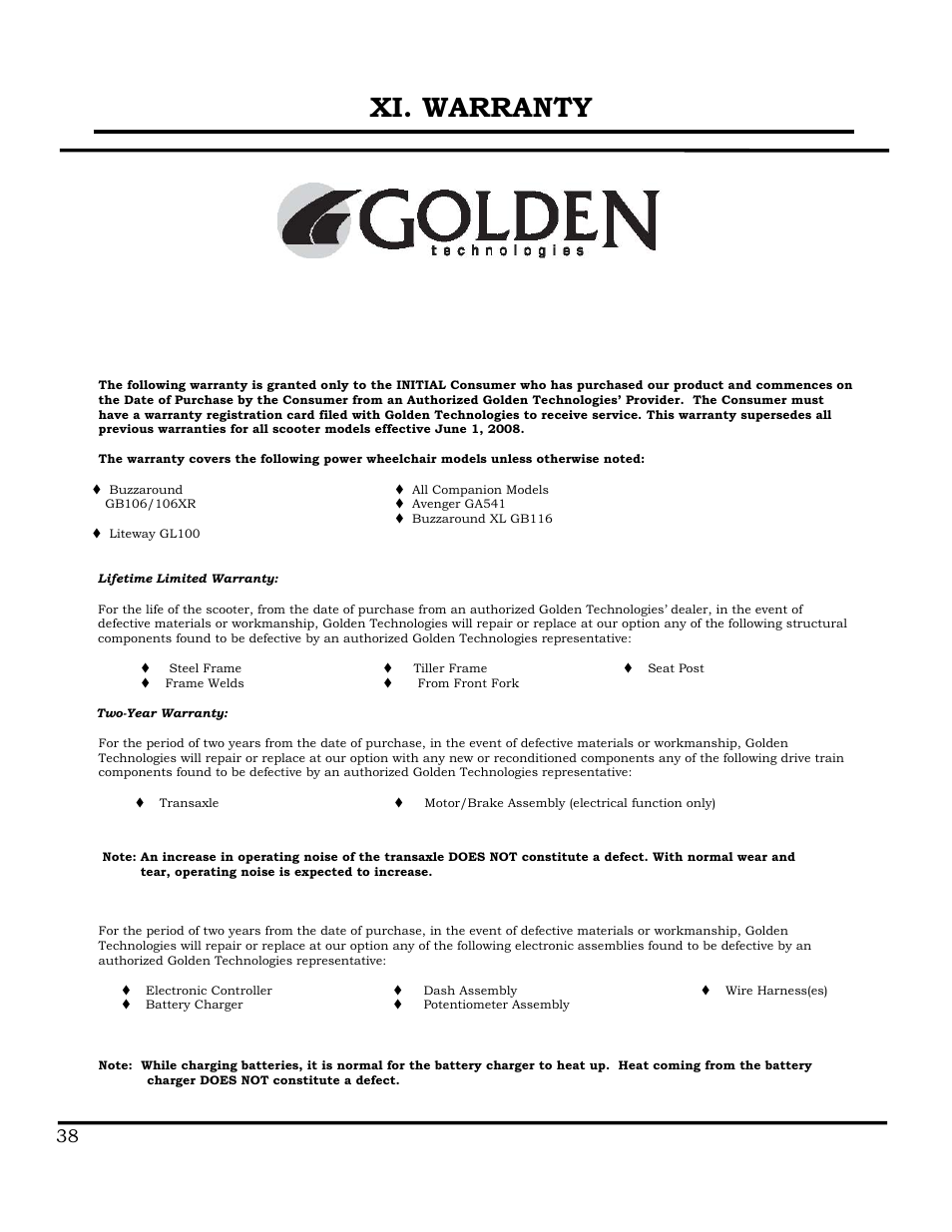 Xi. warranty | Golden Technologies GB116 User Manual | Page 39 / 44