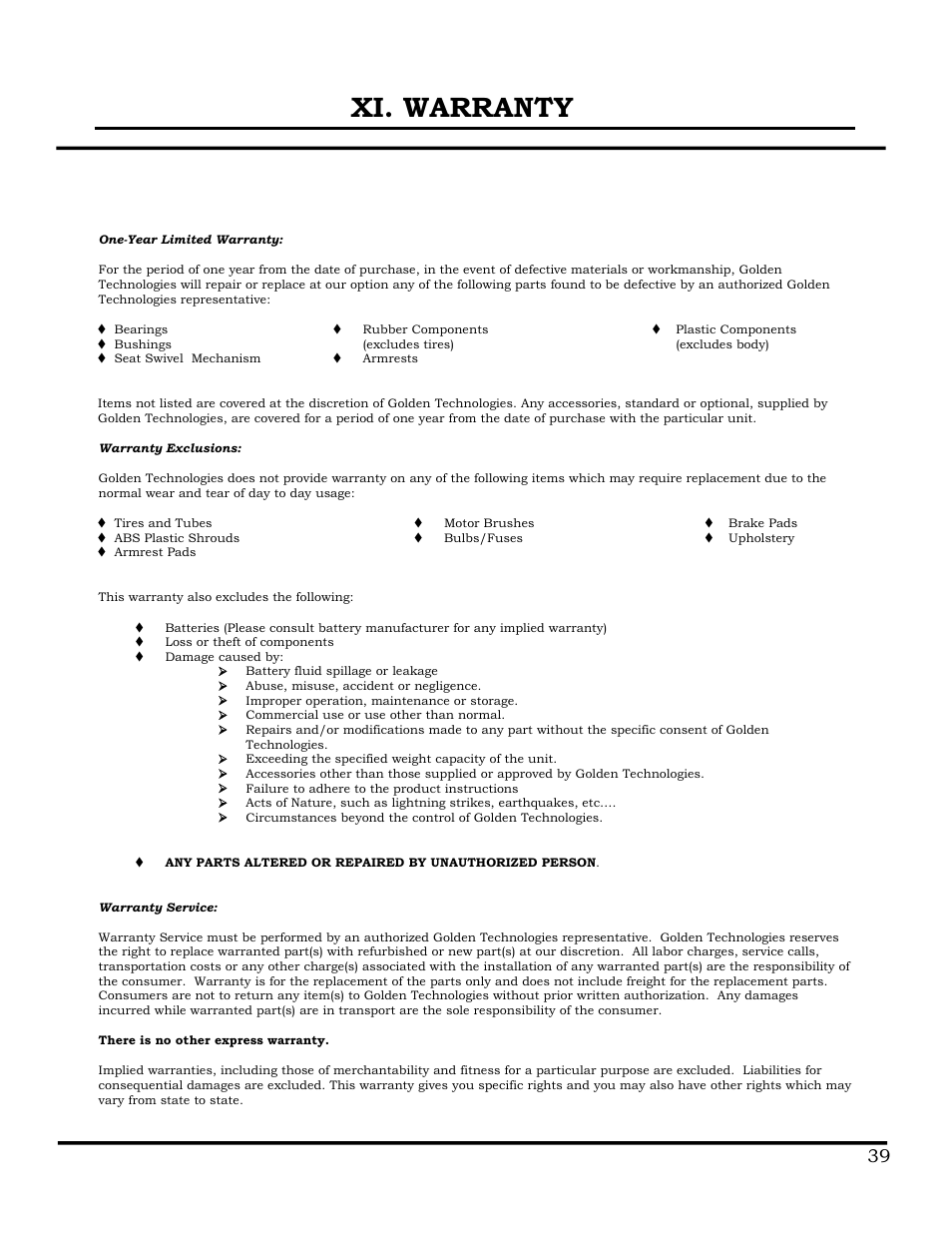 Xi. warranty | Golden Technologies GB116 User Manual | Page 40 / 44