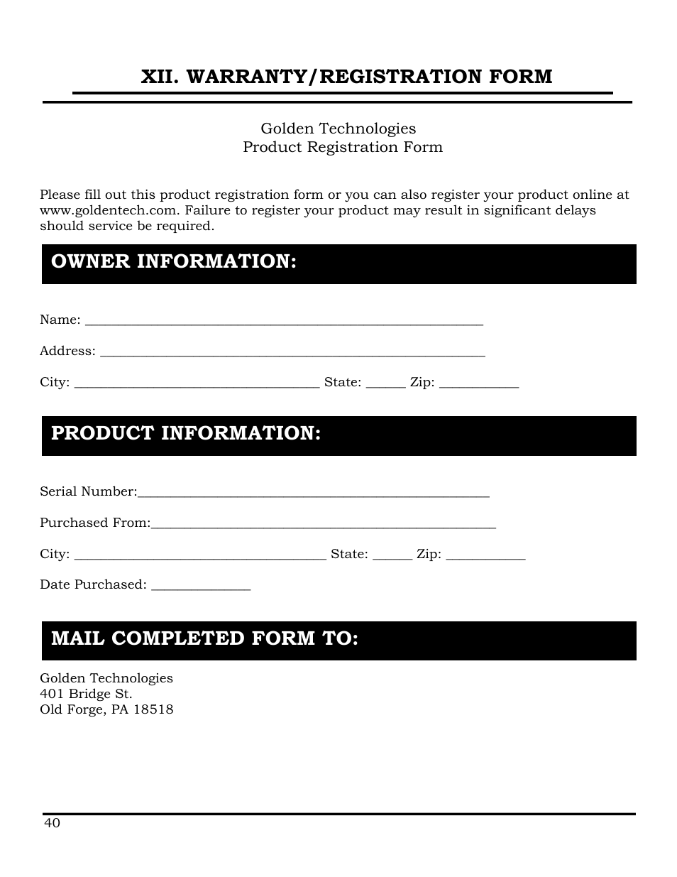 Xii. warranty/registration form | Golden Technologies GB116 User Manual | Page 41 / 44