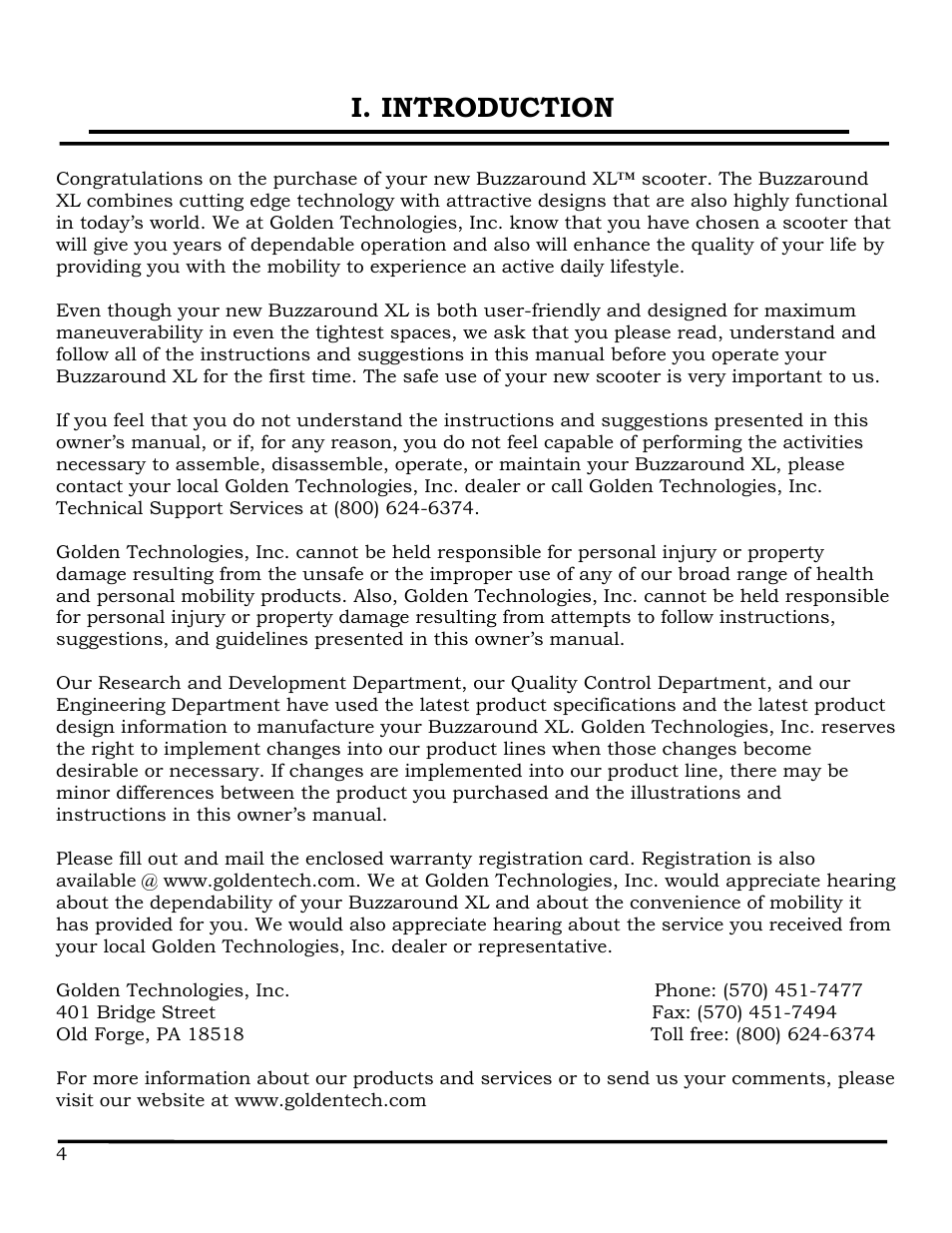 I. introduction | Golden Technologies GB116 User Manual | Page 5 / 44