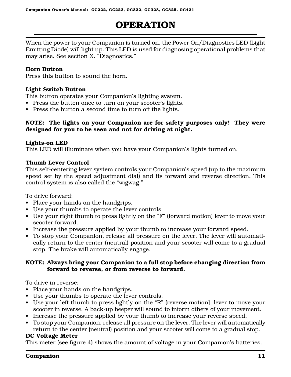 Operation | Golden Technologies Companion II User Manual | Page 13 / 41