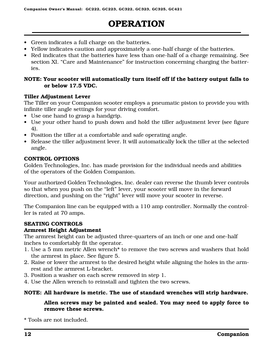 Operation | Golden Technologies Companion II User Manual | Page 14 / 41