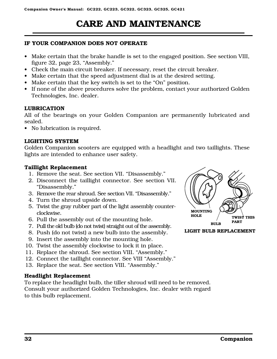 Care and maintenance | Golden Technologies Companion II User Manual | Page 34 / 41