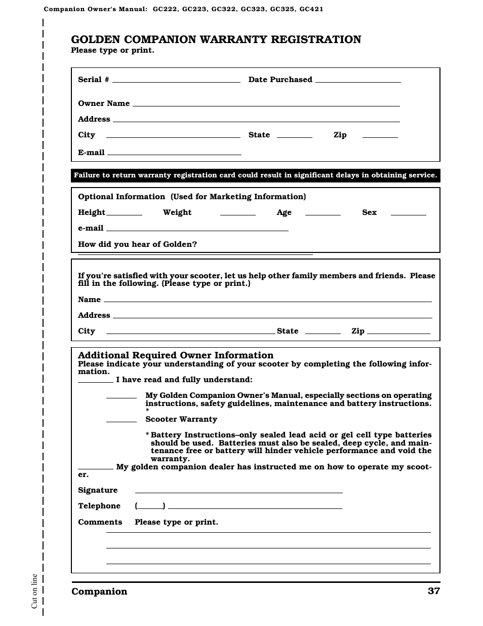 Golden companion warranty registration | Golden Technologies Companion II User Manual | Page 39 / 41
