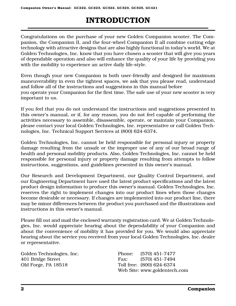 Introduction | Golden Technologies Companion II User Manual | Page 4 / 41