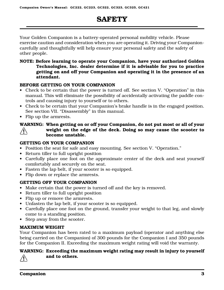 Safety | Golden Technologies Companion II User Manual | Page 5 / 41