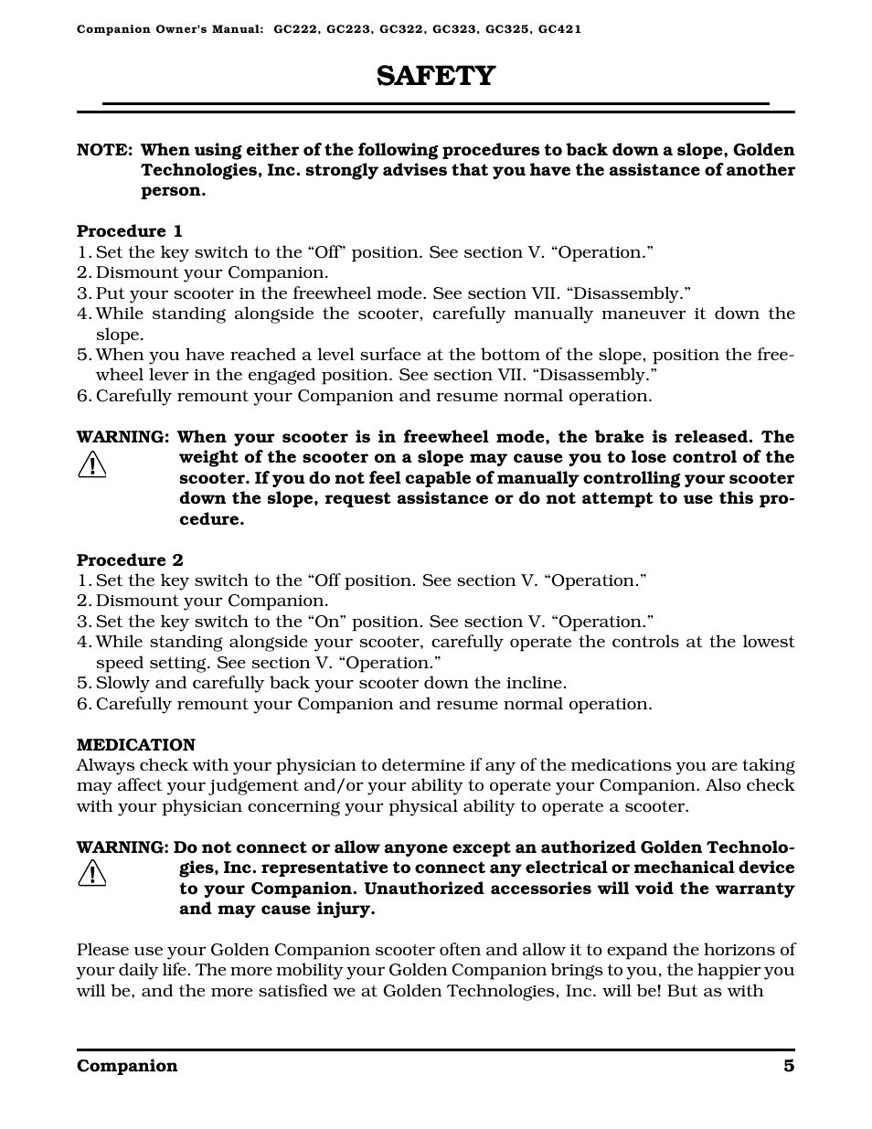 Safety | Golden Technologies Companion II User Manual | Page 7 / 41