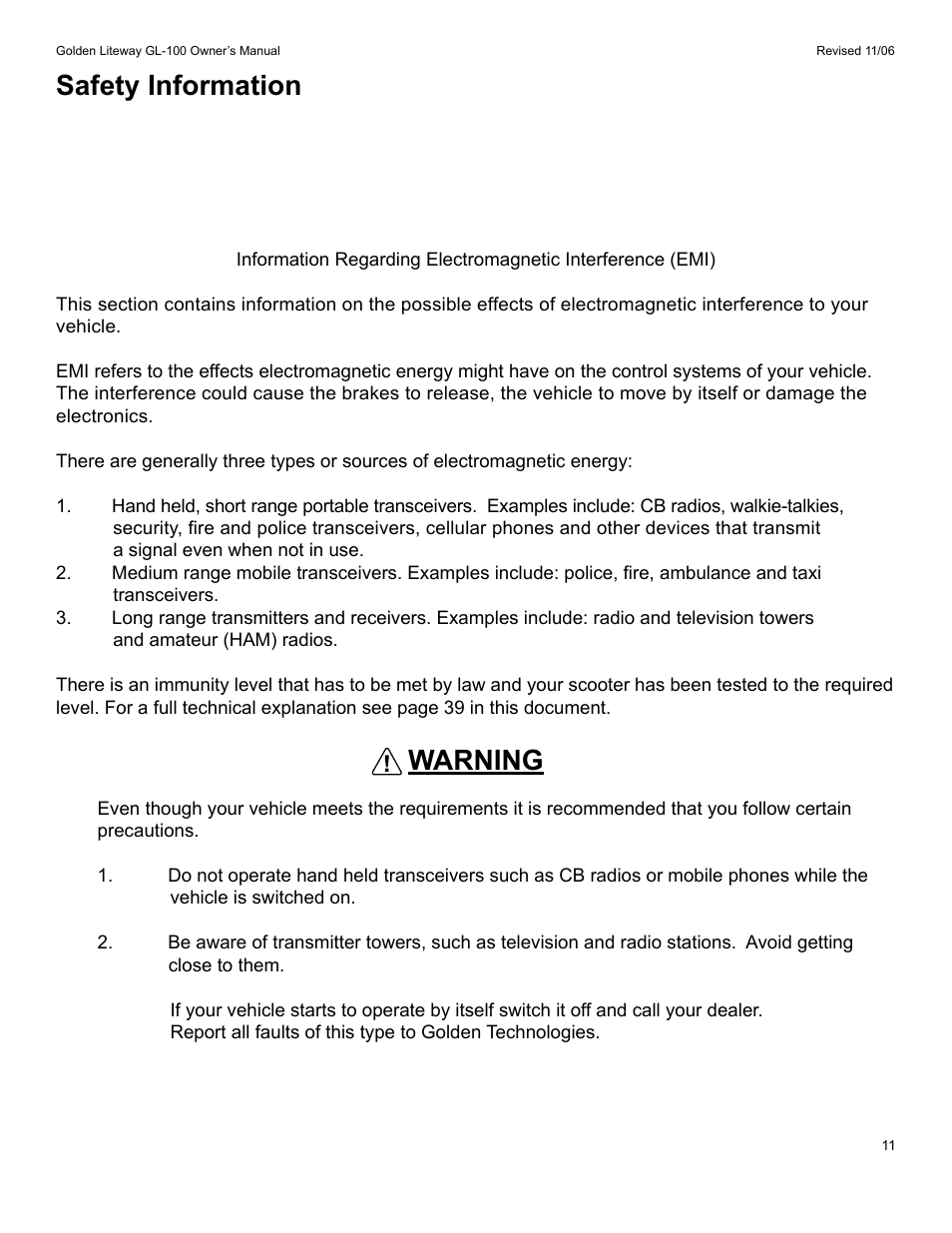 Safety information, Warning | Golden Technologies LitewayTM User Manual | Page 11 / 43