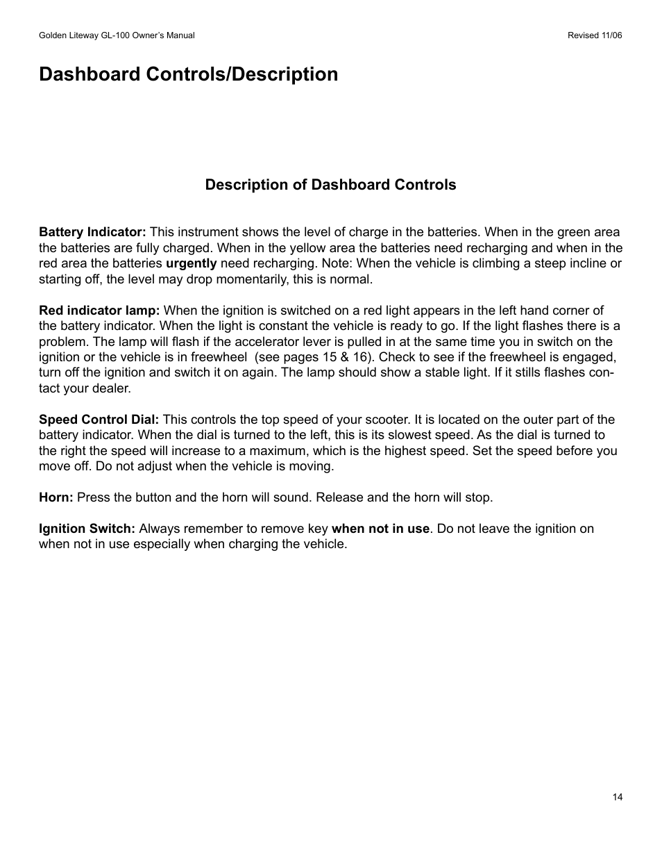 Dashboard controls/description | Golden Technologies LitewayTM User Manual | Page 14 / 43