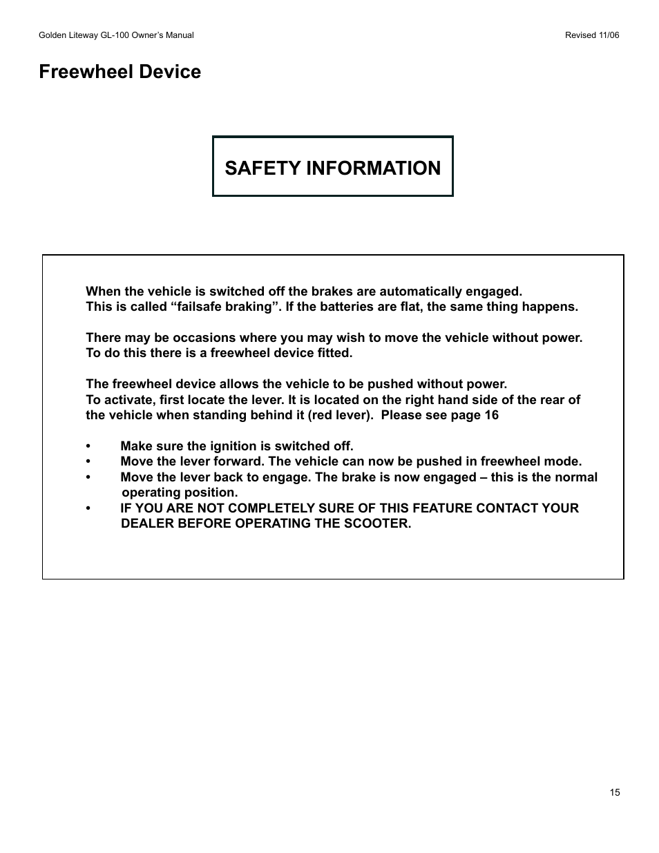 Freewheel device safety information | Golden Technologies LitewayTM User Manual | Page 15 / 43