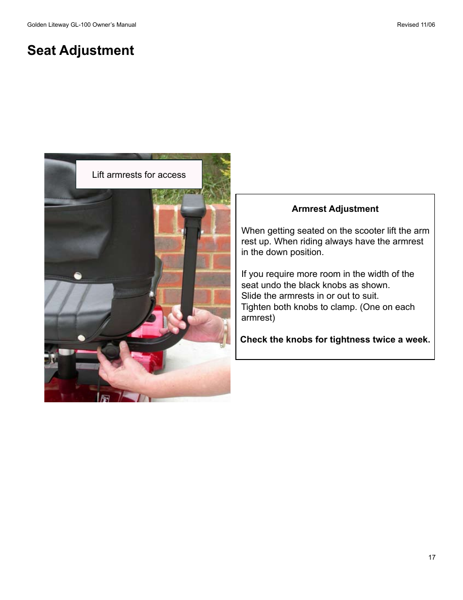 Seat adjustment | Golden Technologies LitewayTM User Manual | Page 17 / 43