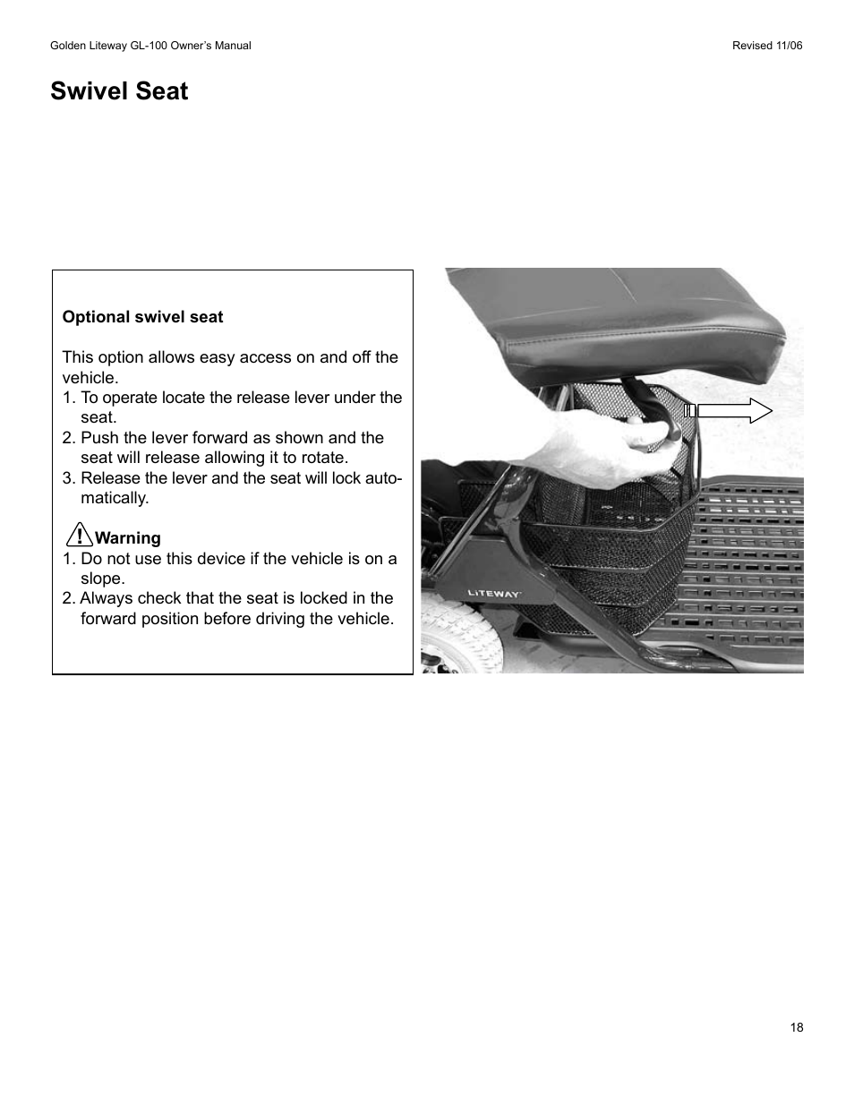 Swivel seat | Golden Technologies LitewayTM User Manual | Page 18 / 43