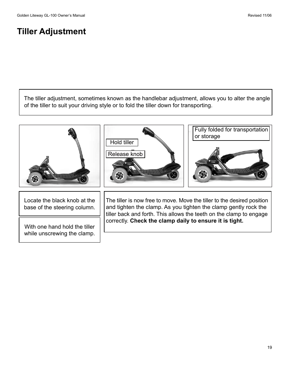 Tiller adjustment | Golden Technologies LitewayTM User Manual | Page 19 / 43