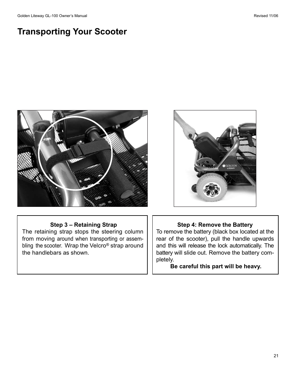 Transporting your scooter | Golden Technologies LitewayTM User Manual | Page 21 / 43