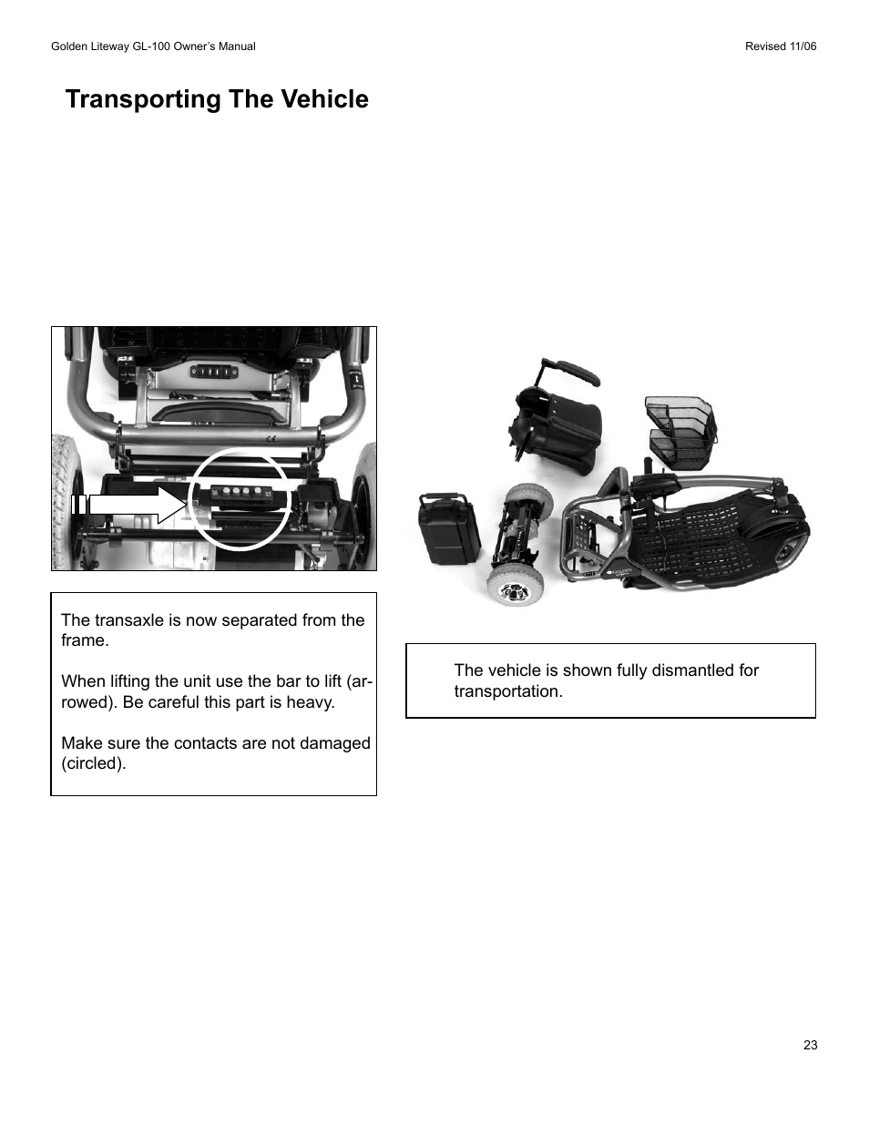 Transporting the vehicle | Golden Technologies LitewayTM User Manual | Page 23 / 43