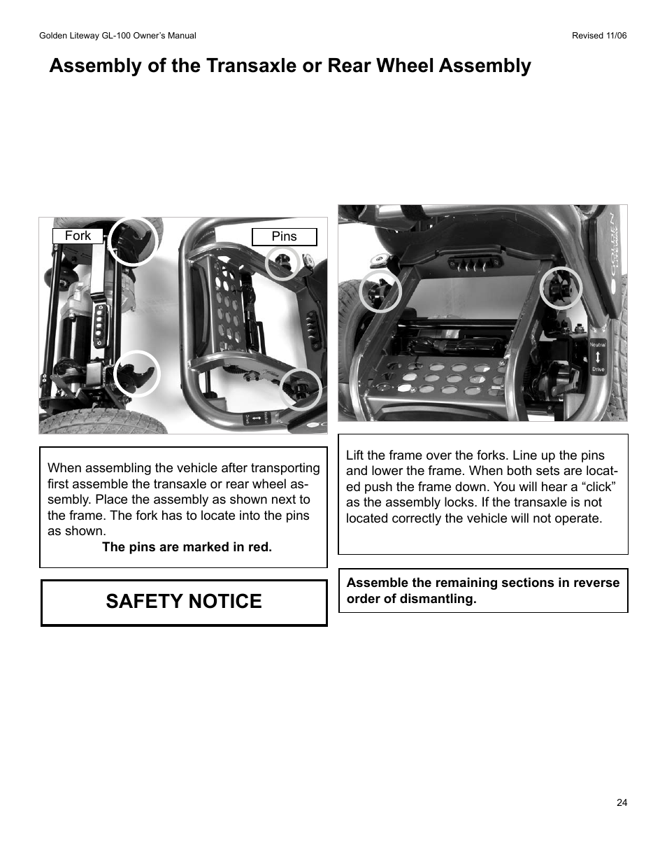 Safety notice, Assembly of the transaxle or rear wheel assembly | Golden Technologies LitewayTM User Manual | Page 24 / 43