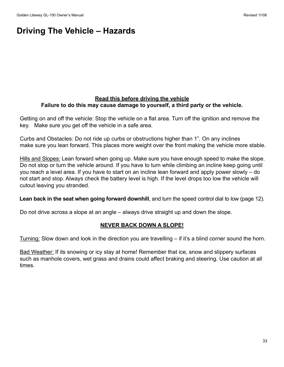 Driving the vehicle – hazards | Golden Technologies LitewayTM User Manual | Page 33 / 43